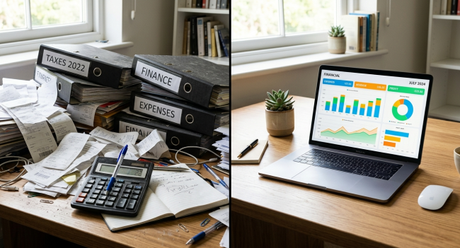 Split-screen showing traditional paper-based bookkeeping versus a clean cloud accounting dashboard on a laptop