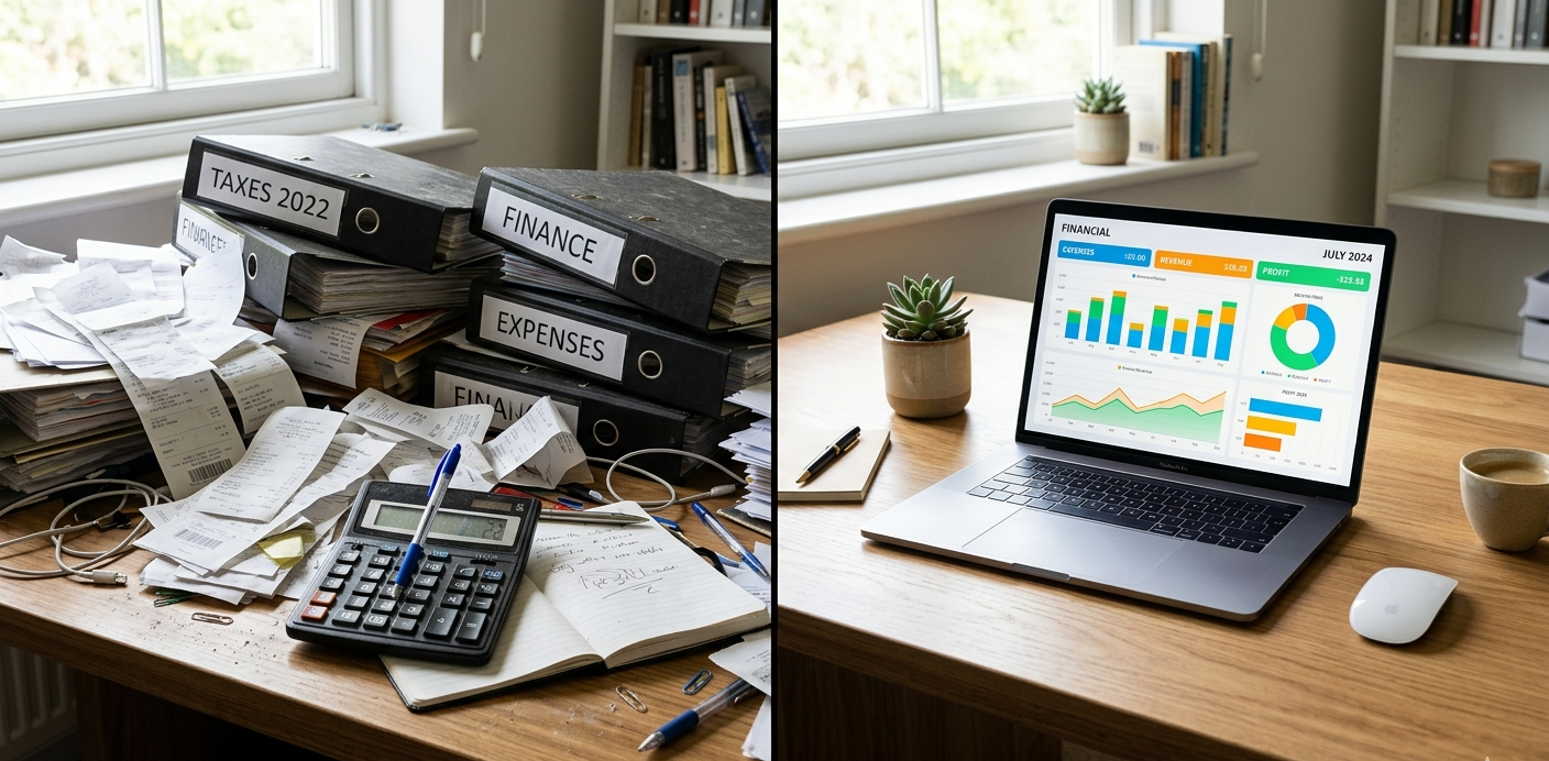 Split-screen showing traditional paper-based bookkeeping versus a clean cloud accounting dashboard on a laptop