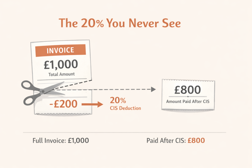 Diagram showing CIS tax deduction from subcontractor invoice — 20% withheld by HMRC