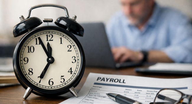 Small employer at desk with payroll papers and clock — auto enrolment compliance deadline UK