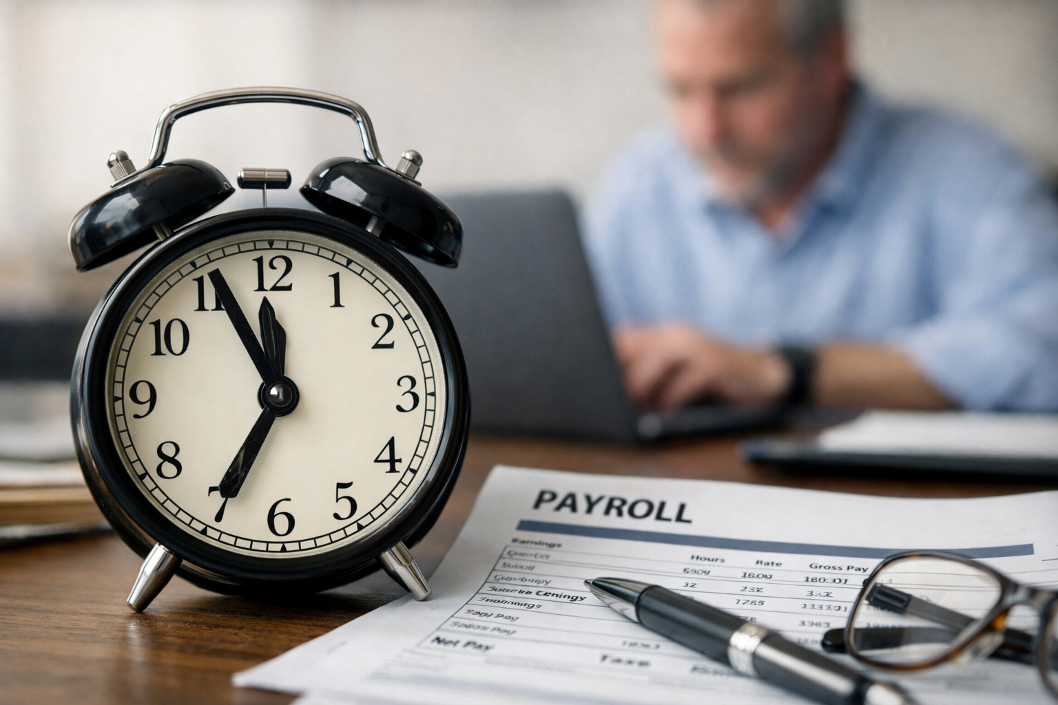 Small employer at desk with payroll papers and clock — auto enrolment compliance deadline UK