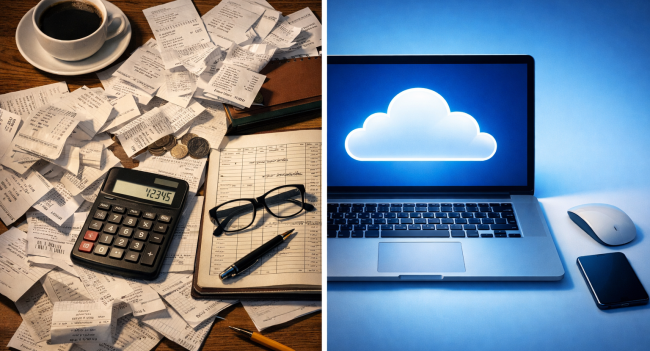 Cloud accounting vs traditional bookkeeping — business owner comparing digital and paper records