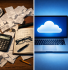 Cloud accounting vs traditional bookkeeping — business owner comparing digital and paper records