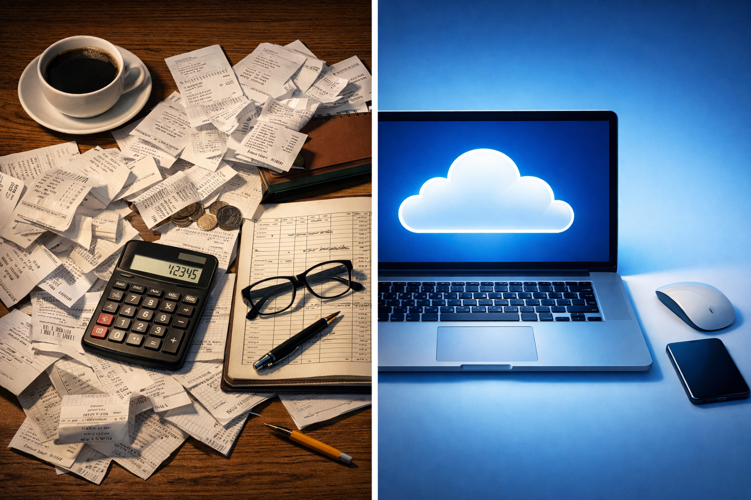 Cloud accounting vs traditional bookkeeping — business owner comparing digital and paper records