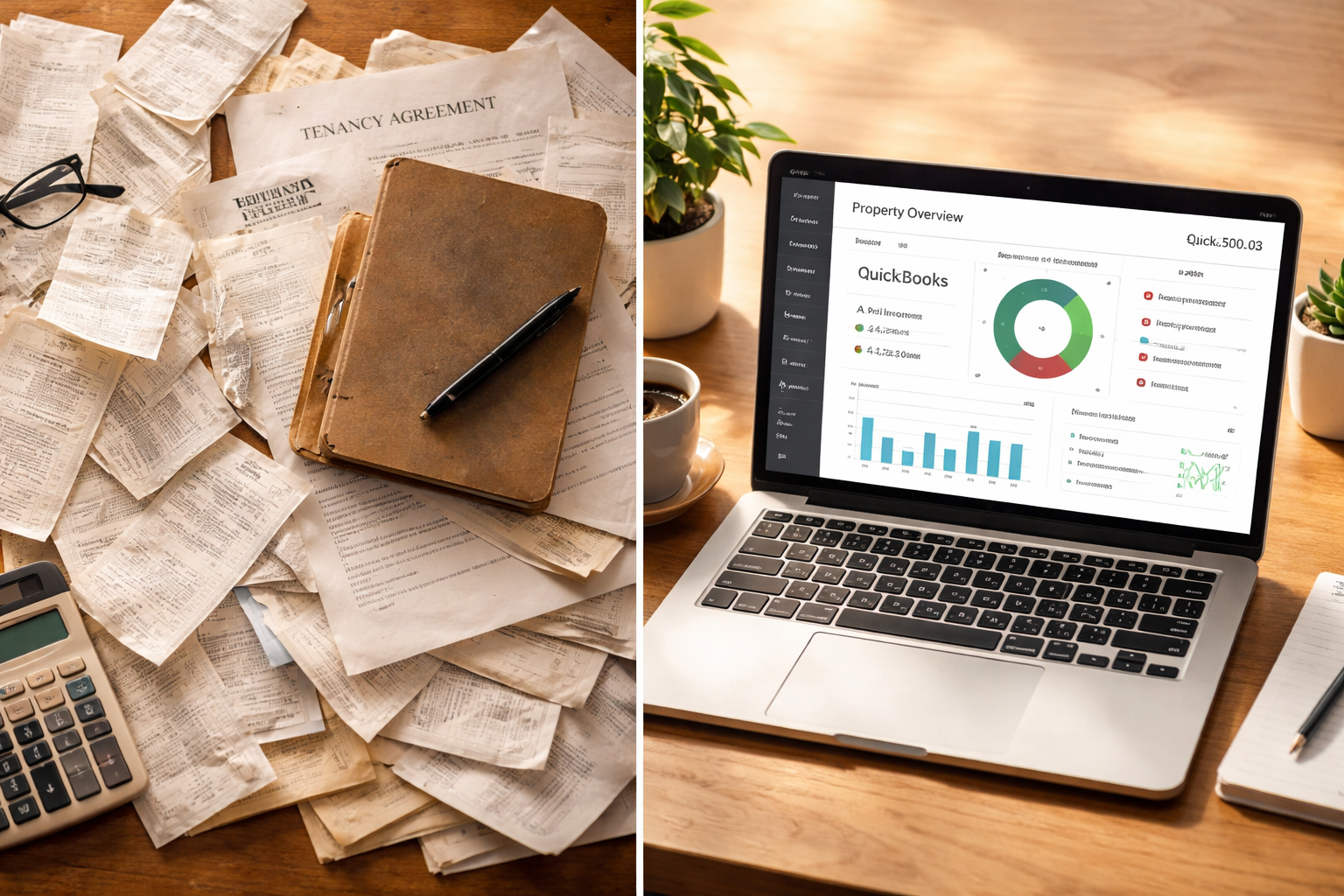 QuickBooks for landlords UK – comparison of traditional paper records versus digital accounting software dashboard