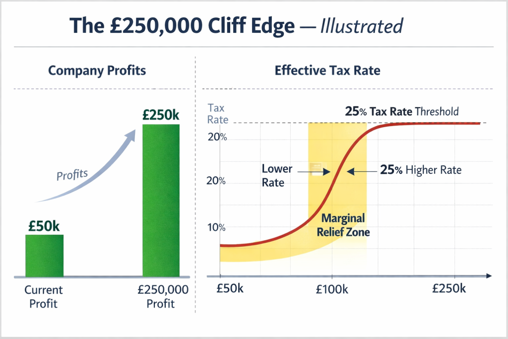 UK corporation tax rates 2026 — small profits rate, marginal relief and main rate illustrated for limited companies