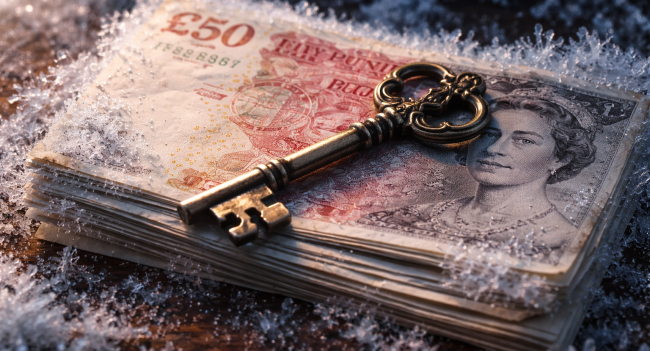 UK inheritance tax nil rate band 2026 frozen at £325,000 — house key on stack of £50 notes with frost effect