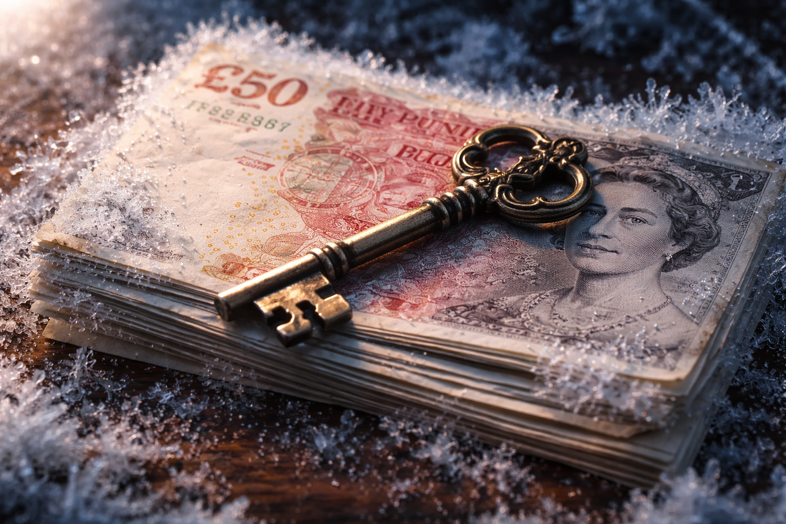 UK inheritance tax nil rate band 2026 frozen at £325,000 — house key on stack of £50 notes with frost effect