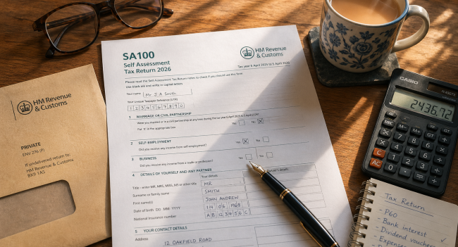 Printed SA100 form 2026 partially completed with fountain pen, calculator and HMRC envelope on a wooden desk