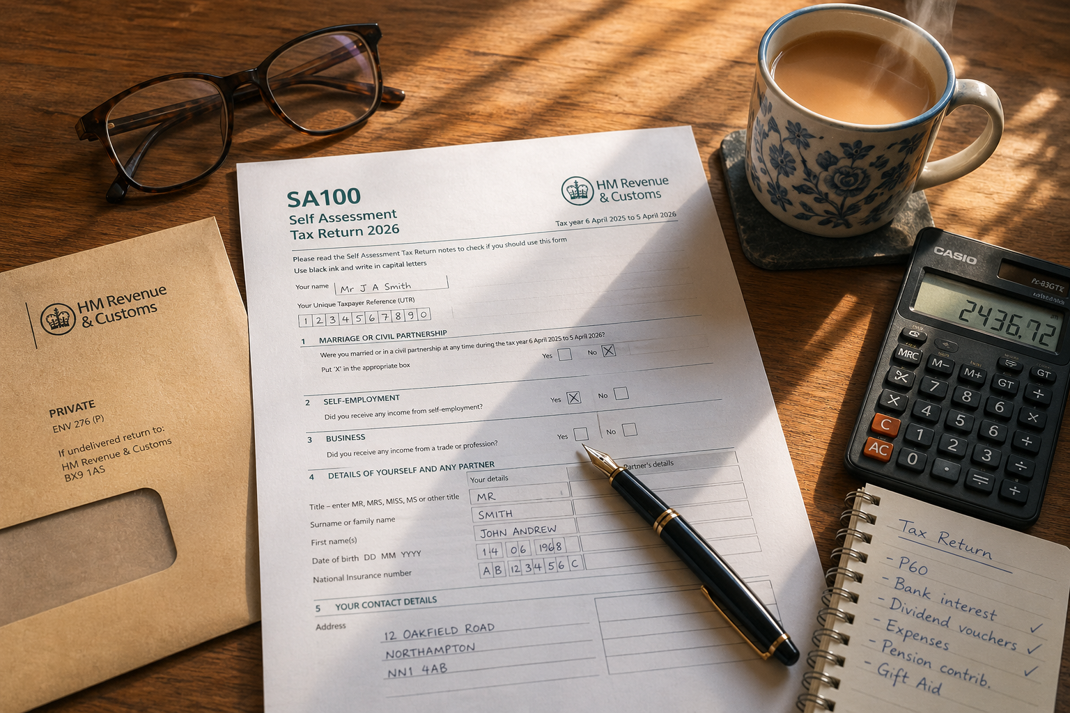 Printed SA100 form 2026 partially completed with fountain pen, calculator and HMRC envelope on a wooden desk