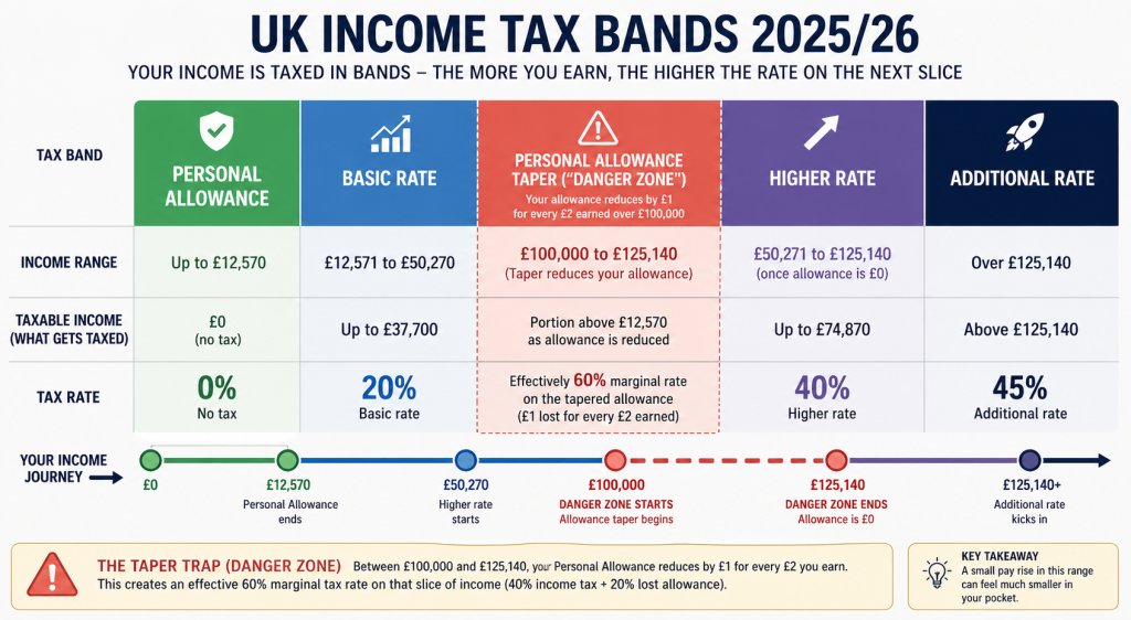 Infographic of UK income tax bands 2025/26 showing personal allowance basic higher and additional rates with the 100000 taper zone highlighted