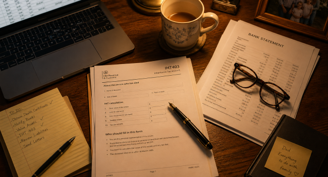 IHT403 form on an executor's desk with bank statements, reading glasses and a cup of tea — reporting lifetime gifts for UK inheritance tax