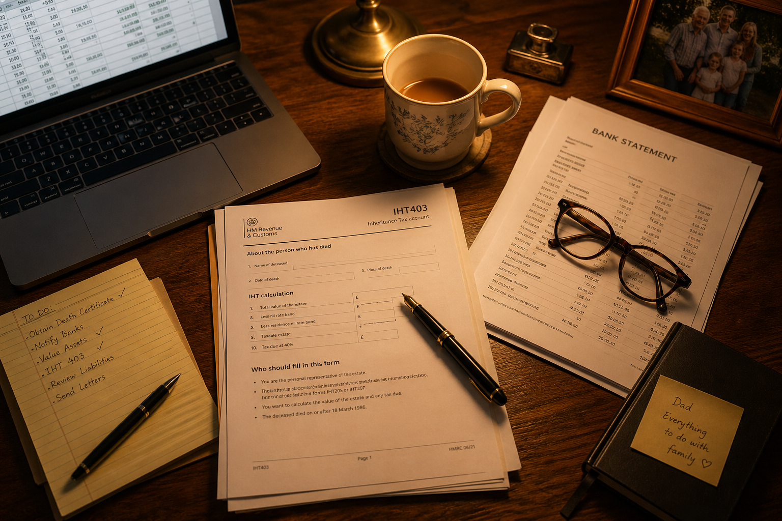 IHT403 form on an executor's desk with bank statements, reading glasses and a cup of tea — reporting lifetime gifts for UK inheritance tax