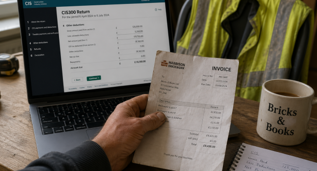 UK contractor reviewing CIS return on laptop with paper invoice and high-vis jacket — construction accounting 2026