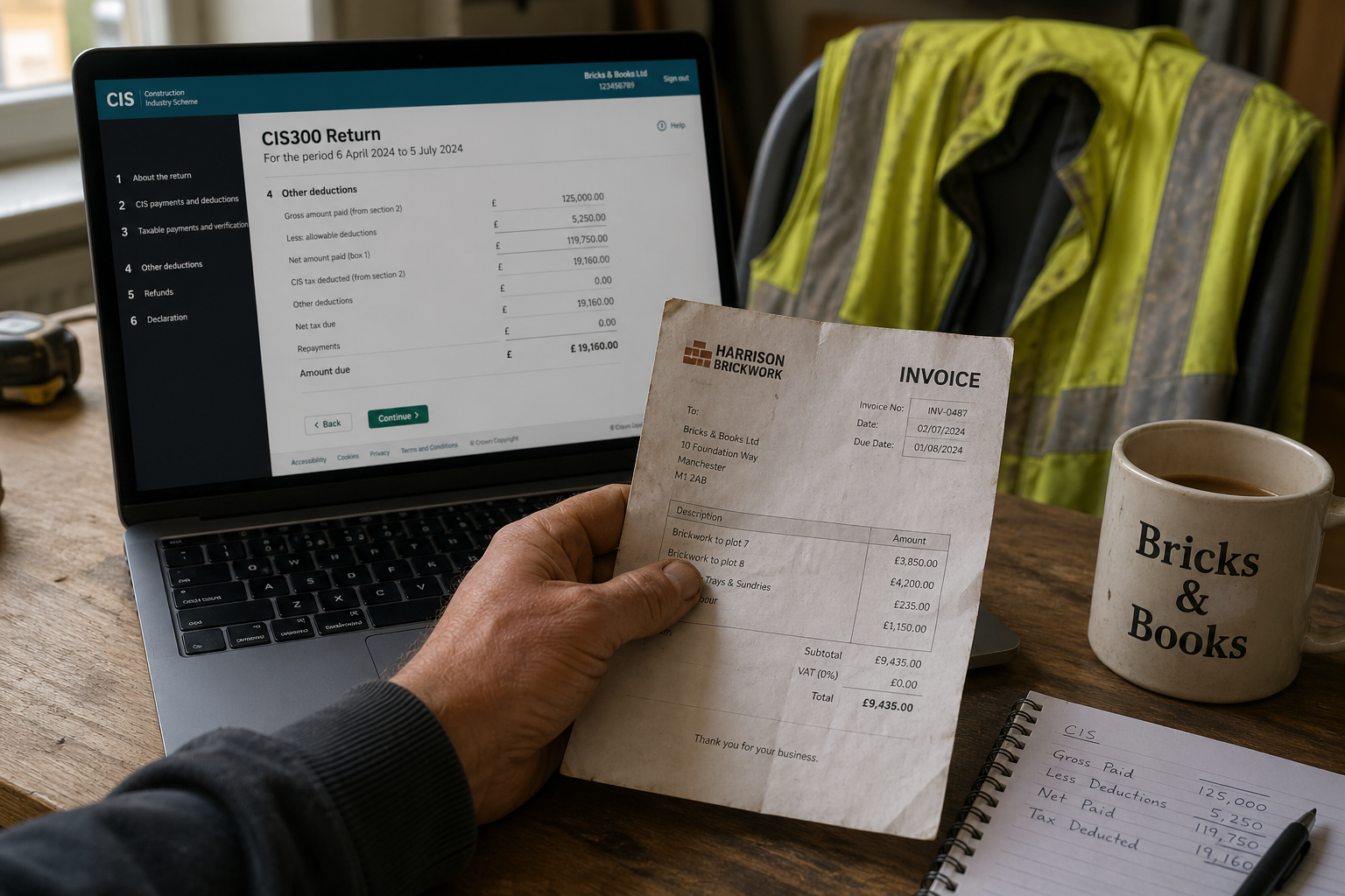 UK contractor reviewing CIS return on laptop with paper invoice and high-vis jacket — construction accounting 2026