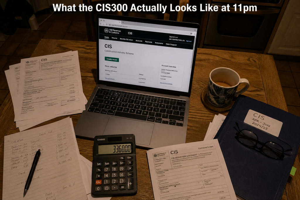 CIS300 monthly return preparation on kitchen table at night with deduction statements and laptop