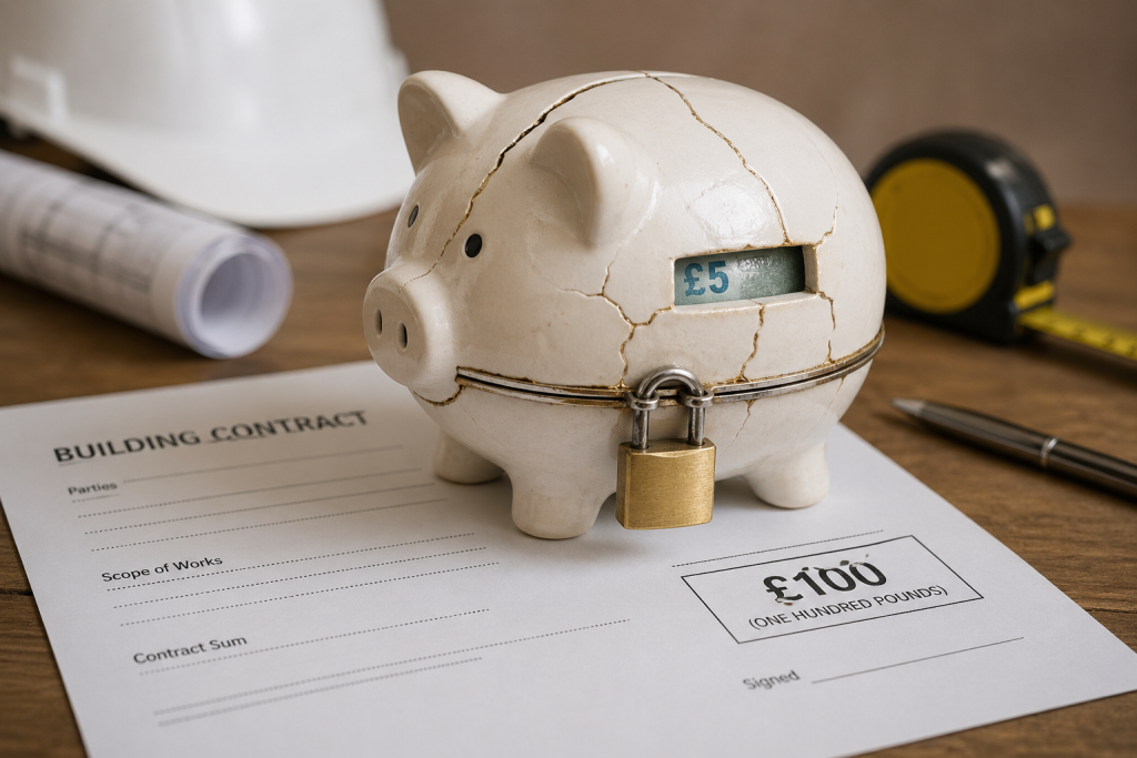 Construction retention concept image showing locked savings on UK building contract