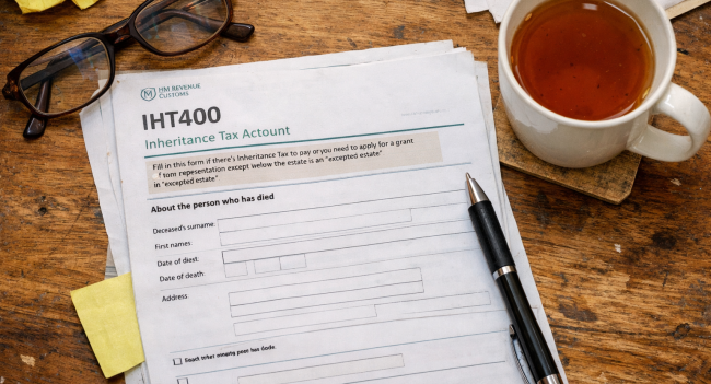 Executor filling in IHT400 inheritance tax form at a desk with pen and paperwork