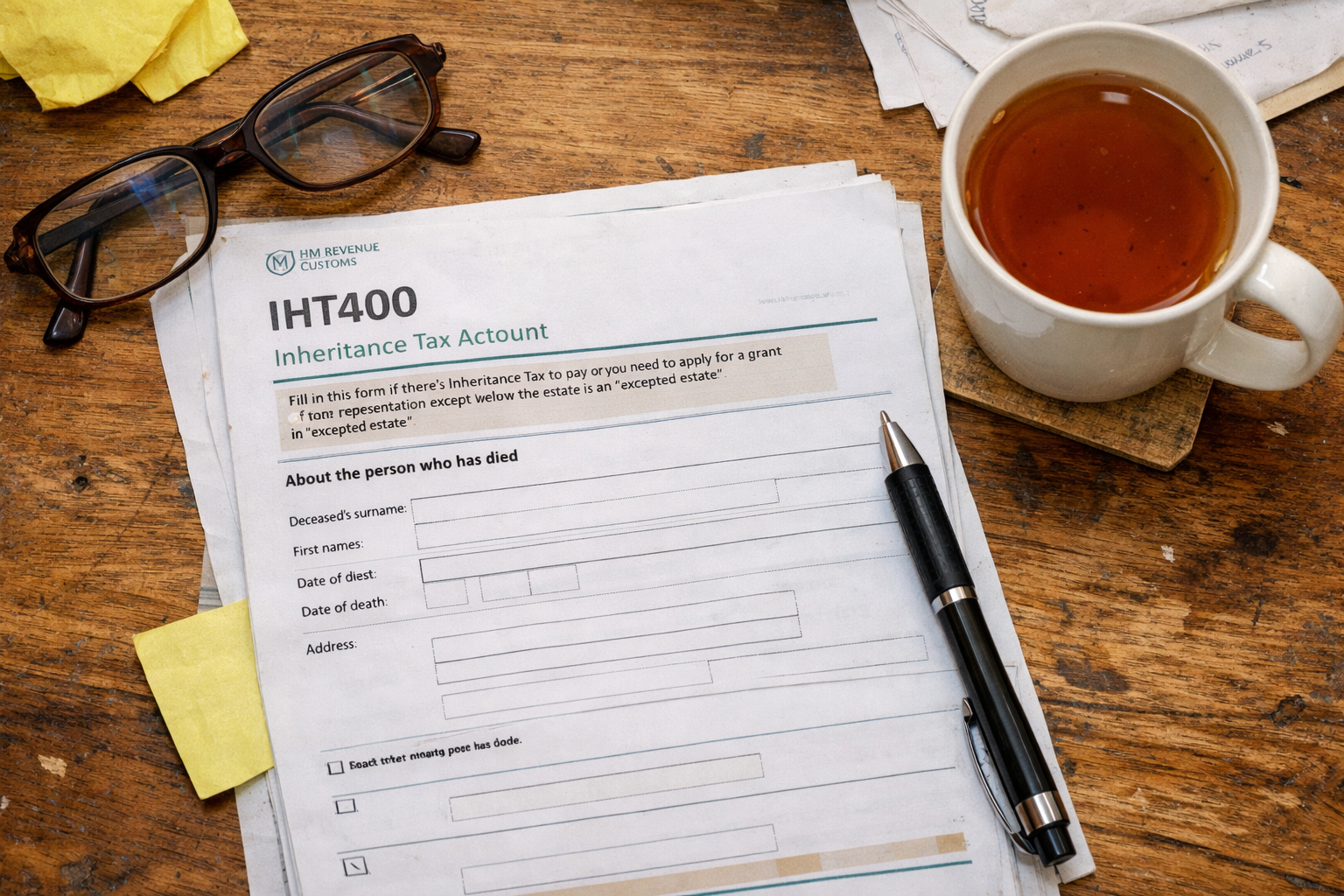 Executor filling in IHT400 inheritance tax form at a desk with pen and paperwork