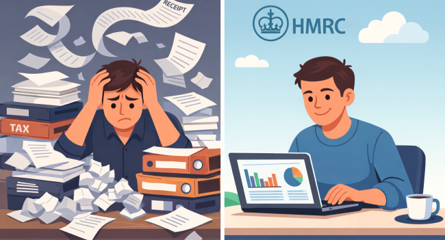 A side-by-side illustration showing the contrast between paper-based tax records and modern digital accounting under Making Tax Digital