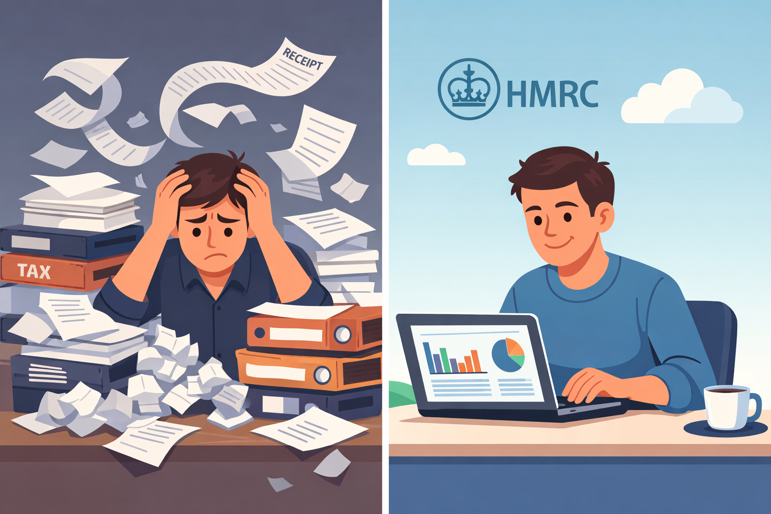 A side-by-side illustration showing the contrast between paper-based tax records and modern digital accounting under Making Tax Digital