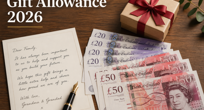 Grandparents handing a wrapped gift and envelope to their adult grandchild across a dining table, illustrating UK gift allowance 2026 rules for tax-free giving.