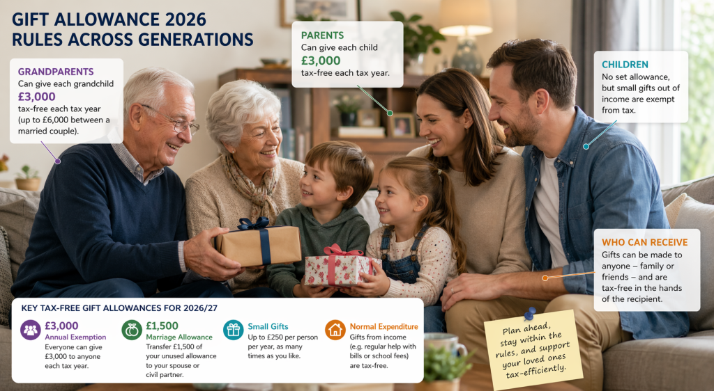  Multi-generational British family including grandparents, parents, and young children together at home, illustrating gift allowance 2026 rules across generations.