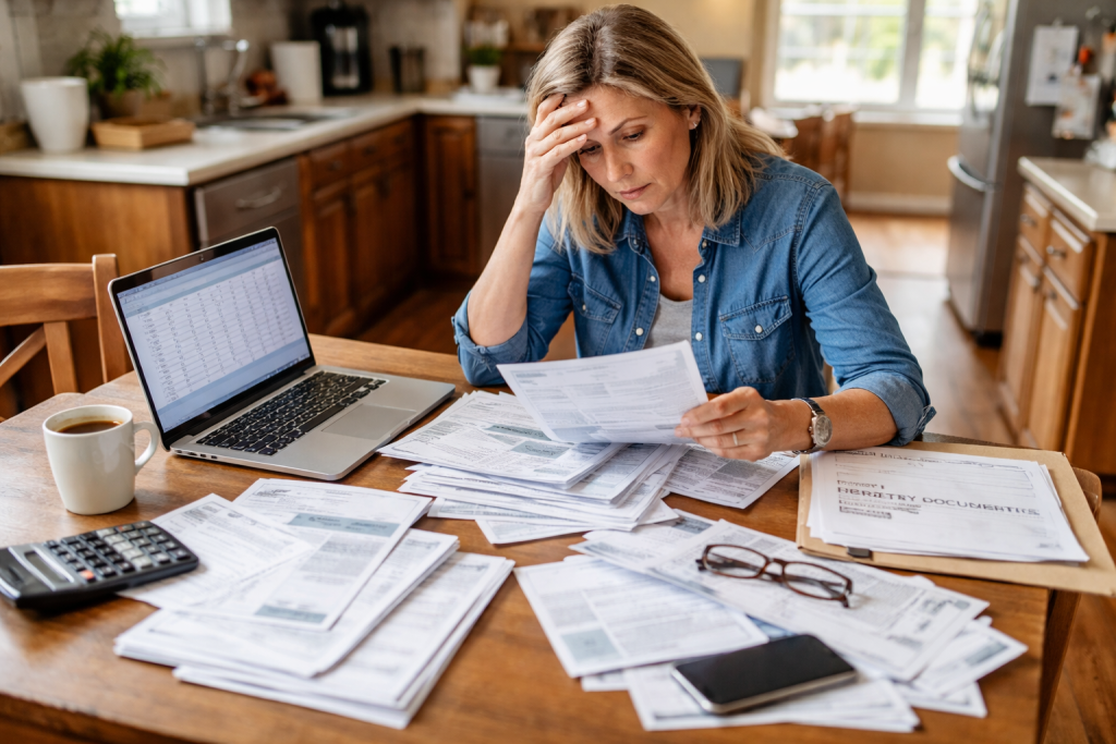 Executor gathering estate documents including bank statements and property valuations to complete IHT400