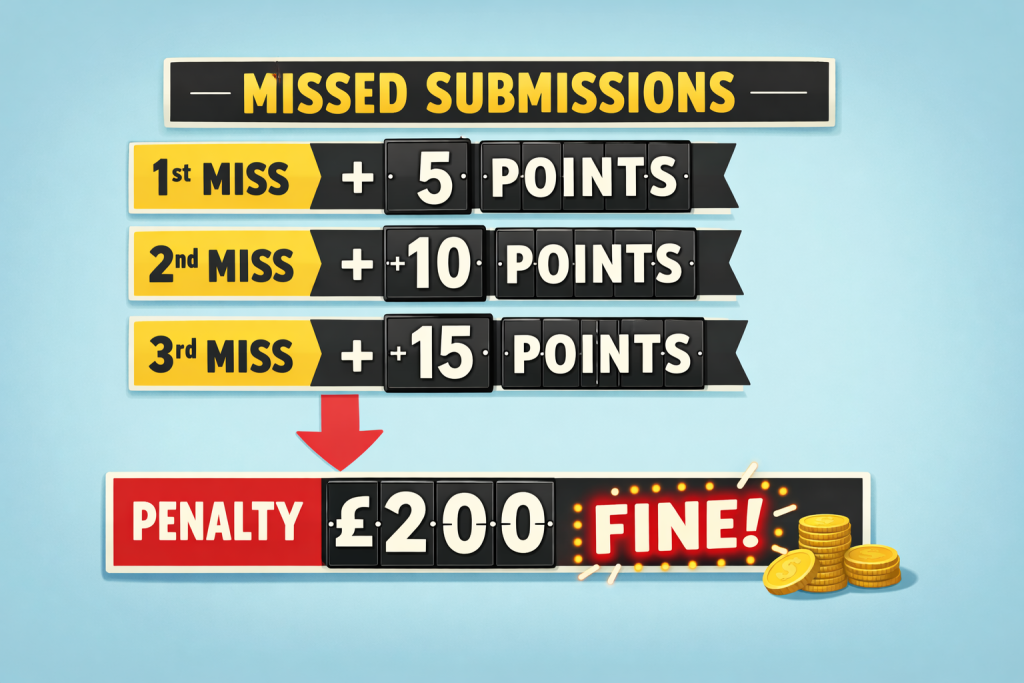 Infographic illustrating HMRC's points-based penalty system for late MTD ITSA quarterly submissions, showing how four penalty points triggers a £200 fine for landlords