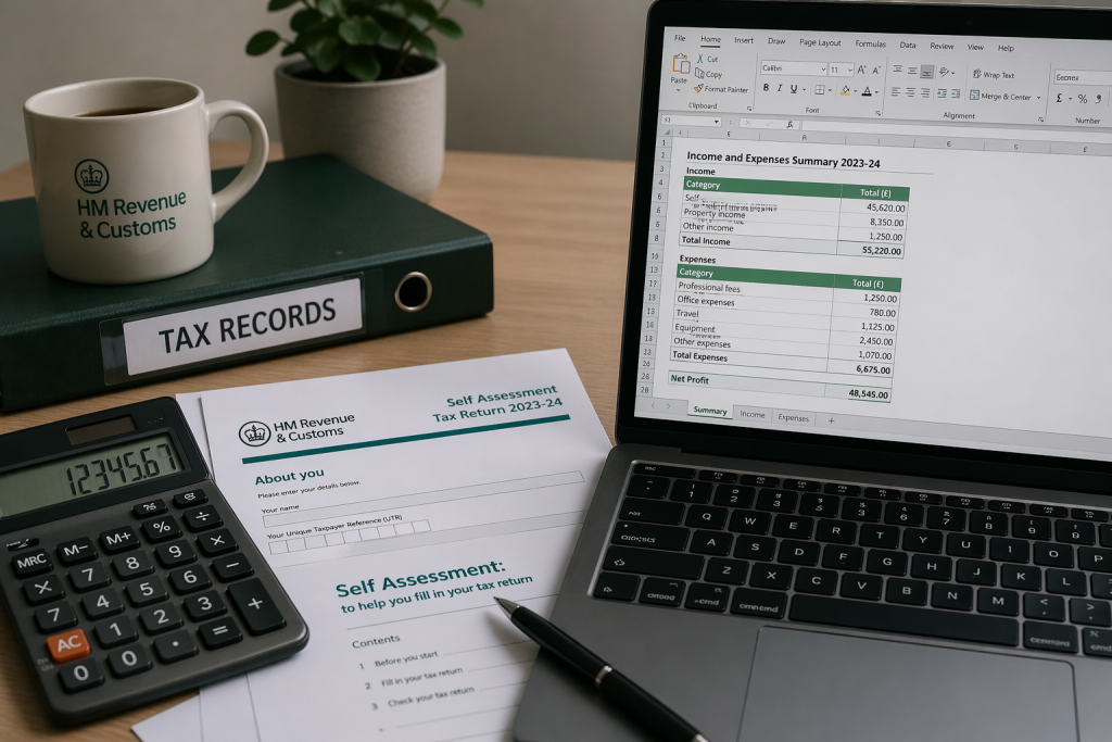 Calculator, HMRC paperwork, and a laptop spreadsheet showing capital gains tax implications when gifting assets under UK gift allowance 2026 rules.
