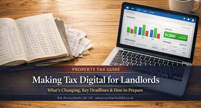 A wooden desk showing a traditional paper rental ledger with loose receipts on the left and an open laptop displaying a cloud accounting dashboard on the right, representing a UK landlord's transition to Making Tax Digital for income tax self assessment under MTD ITSA from April 2026