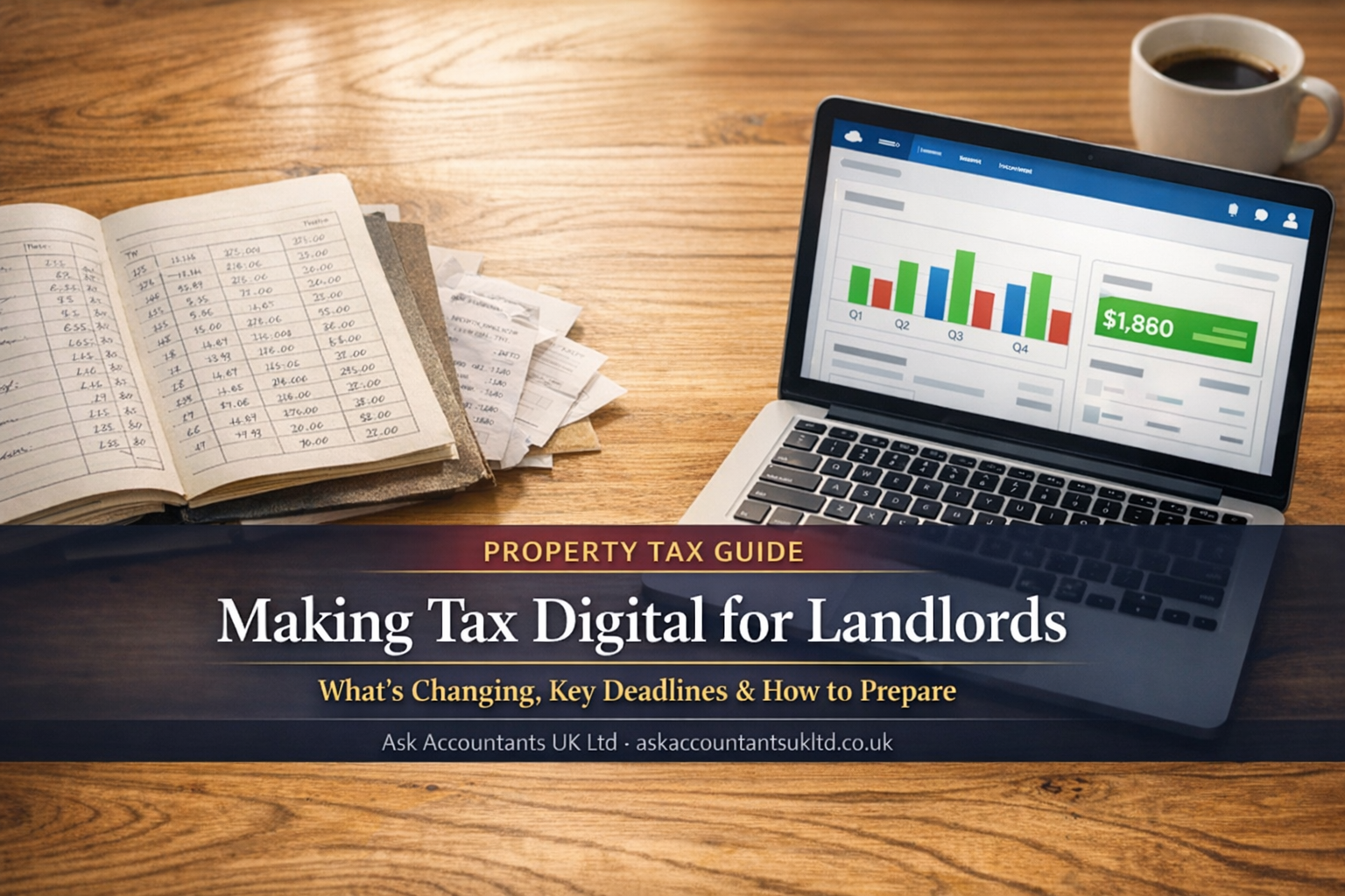 A wooden desk showing a traditional paper rental ledger with loose receipts on the left and an open laptop displaying a cloud accounting dashboard on the right, representing a UK landlord's transition to Making Tax Digital for income tax self assessment under MTD ITSA from April 2026