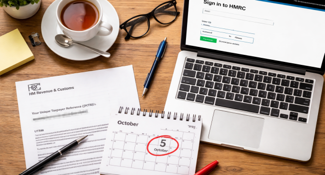 Person preparing to register for Self Assessment with HMRC online, showing UTR letter and Government Gateway login screen