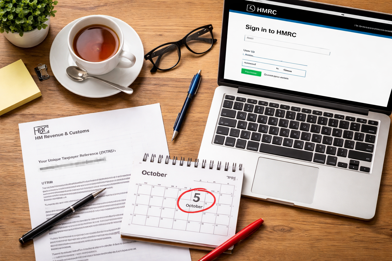 Person preparing to register for Self Assessment with HMRC online, showing UTR letter and Government Gateway login screen