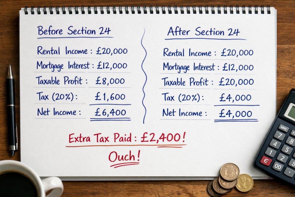 Section 24 mortgage interest restriction UK landlords – tax calculation impact on buy-to-let