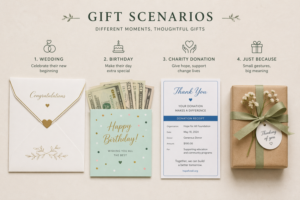 Flat-lay of a wedding card, birthday envelope with cash, charity receipt, and small wrapped gift showing the different UK gift allowance 2026 exemption types.
