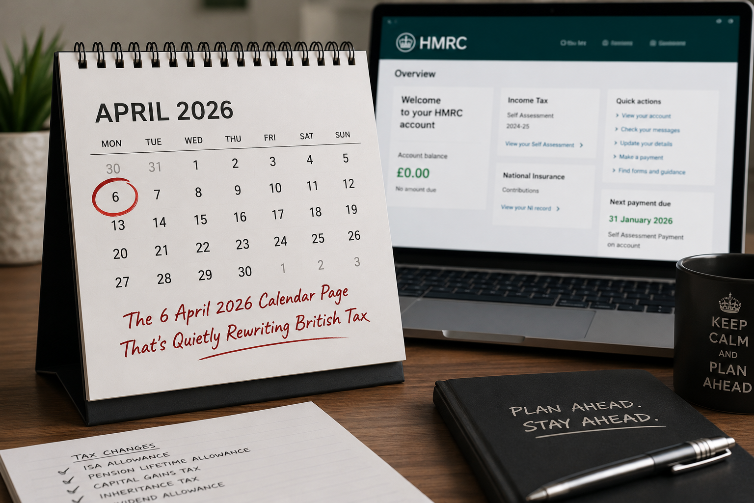 Calendar showing 6 April 2026 highlighted with HMRC digital tax dashboard in background — Making Tax Digital deadline 2026