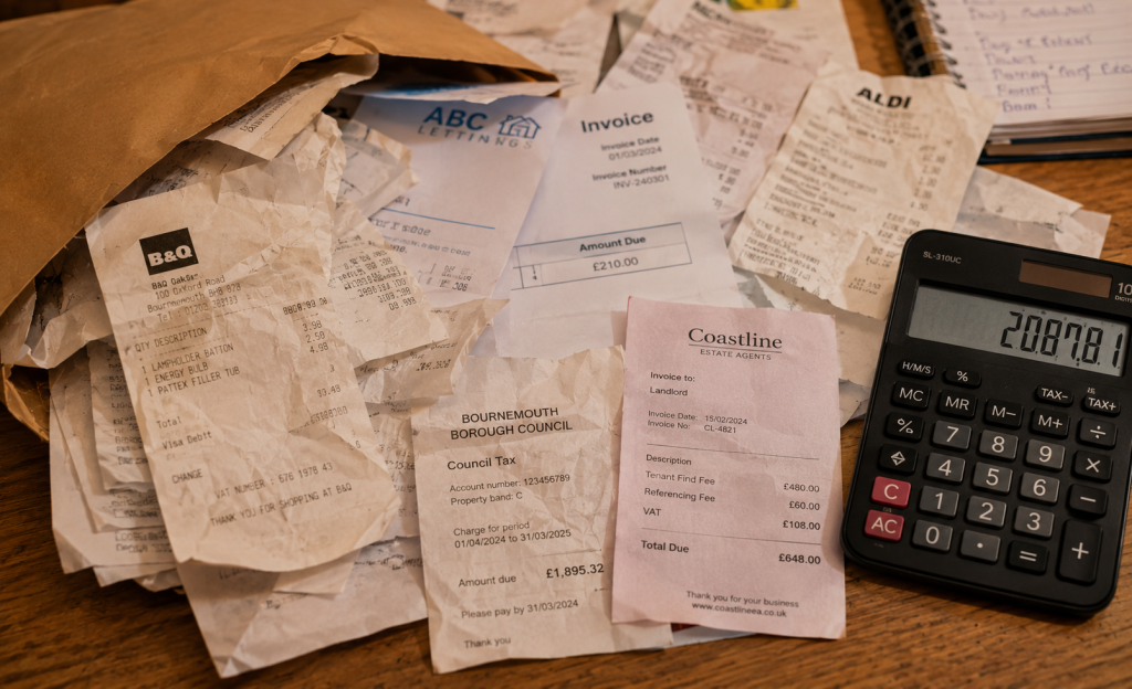 Pile of letting agent invoices and repair receipts being calculated for SA105 allowable expenses claim