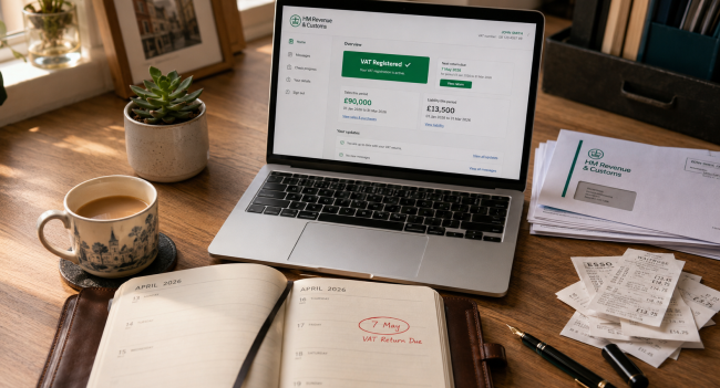 Small business owner's desk showing VAT registered dashboard for how to register for VAT UK 2026