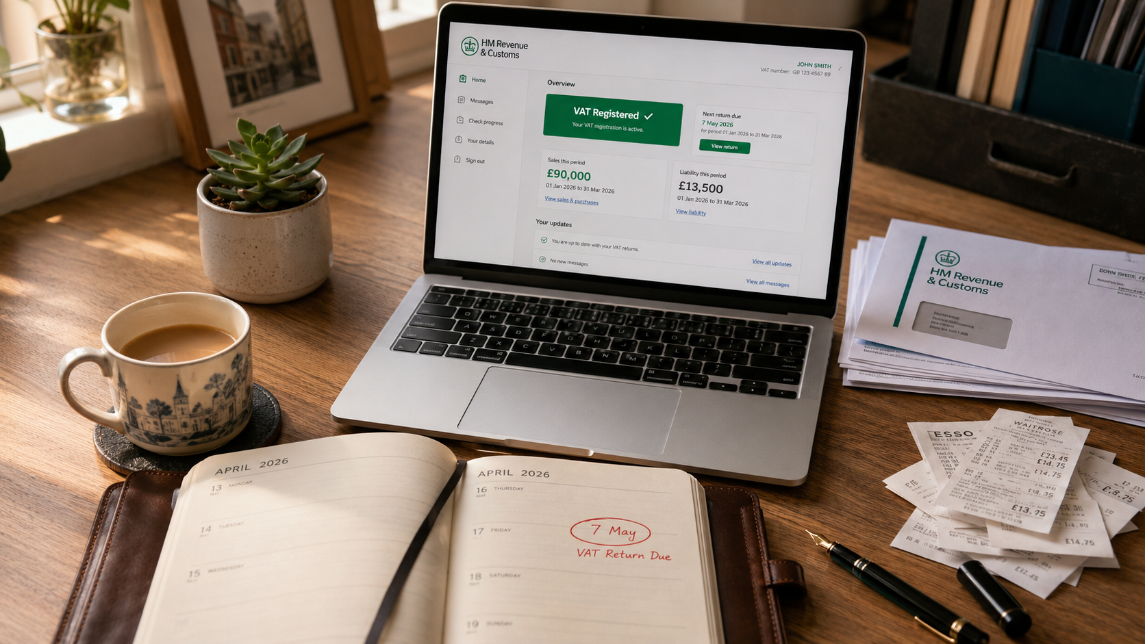 Small business owner's desk showing VAT registered dashboard for how to register for VAT UK 2026