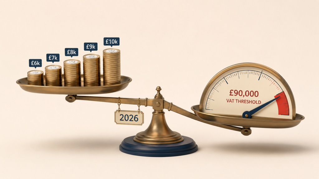 Illustration of rolling 12-month turnover tipping over £90,000 UK VAT registration threshold 2026