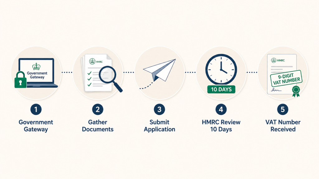 Step-by-step timeline showing how to register for VAT UK online with HMRC in 2026