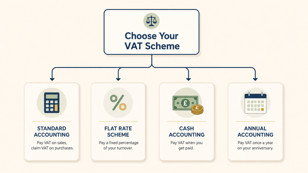 UK VAT scheme comparison flowchart for how to register for VAT UK 2026 - Standard Flat Rate Cash Annual