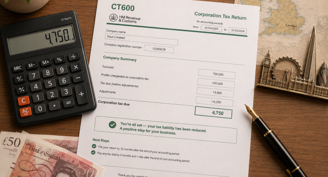 CT600 form with calculator and UK currency showing how to reduce corporation tax legally for British limited companies.