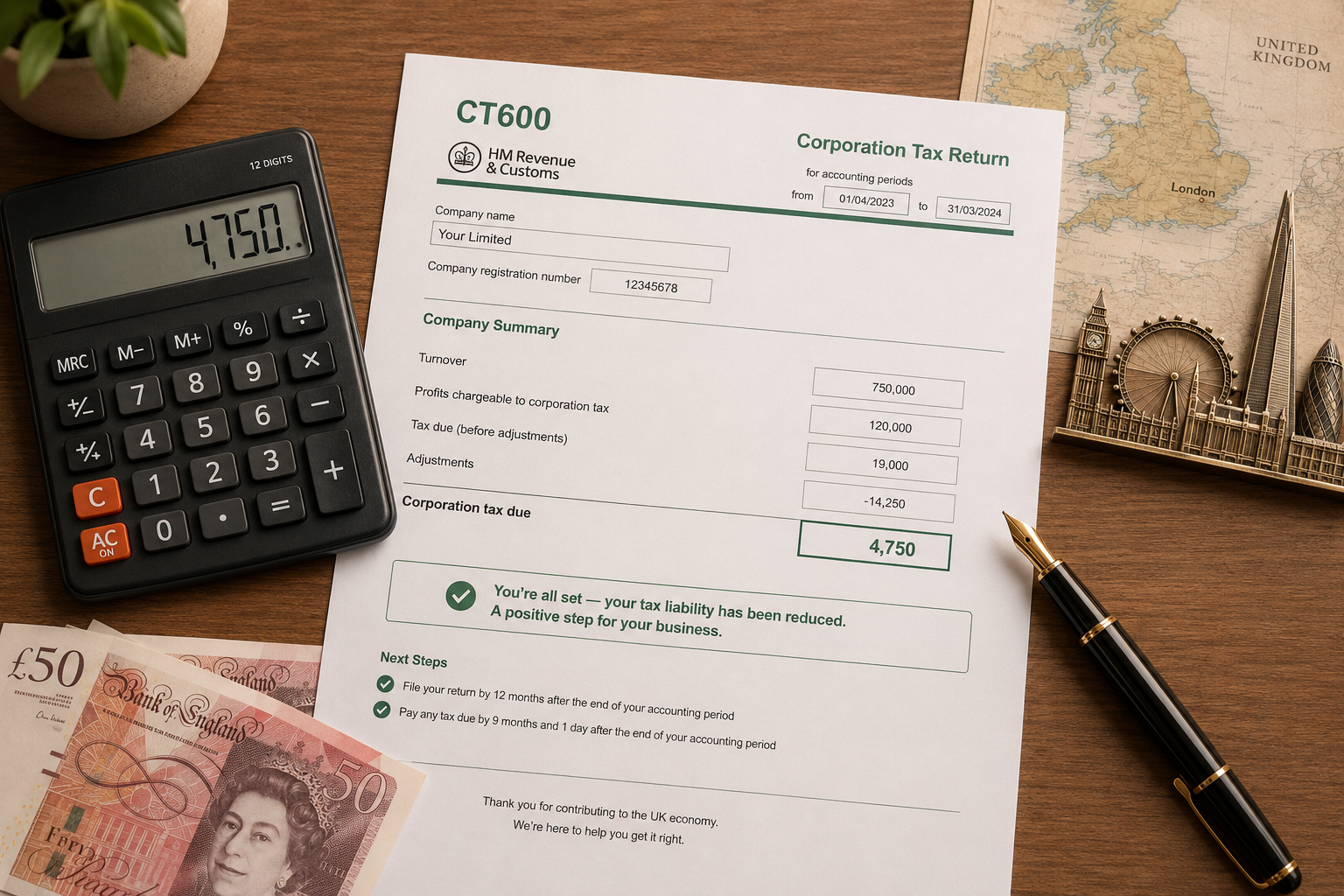 CT600 form with calculator and UK currency showing how to reduce corporation tax legally for British limited companies.
