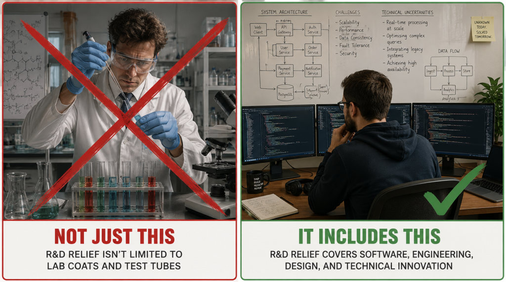 Split-screen showing software development qualifying as R&D — a key route to reduce corporation tax legally in the UK.