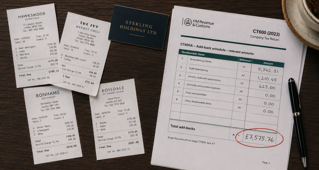 Restaurant receipts beside HMRC CT600 form showing disallowable client entertainment expenses for UK corporation tax