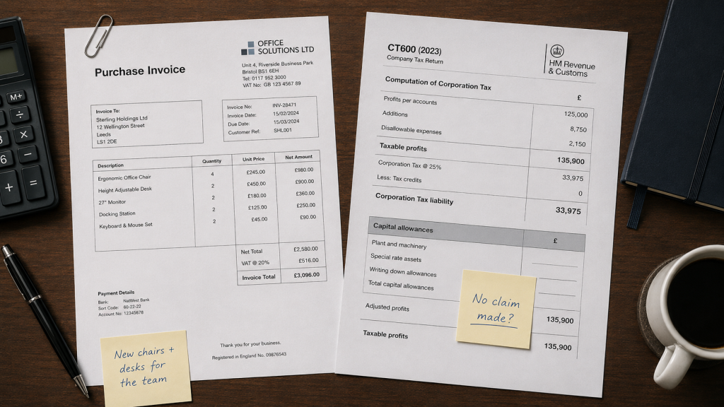 Purchase invoice for office equipment beside a UK corporation tax computation showing unclaimed Annual Investment Allowance