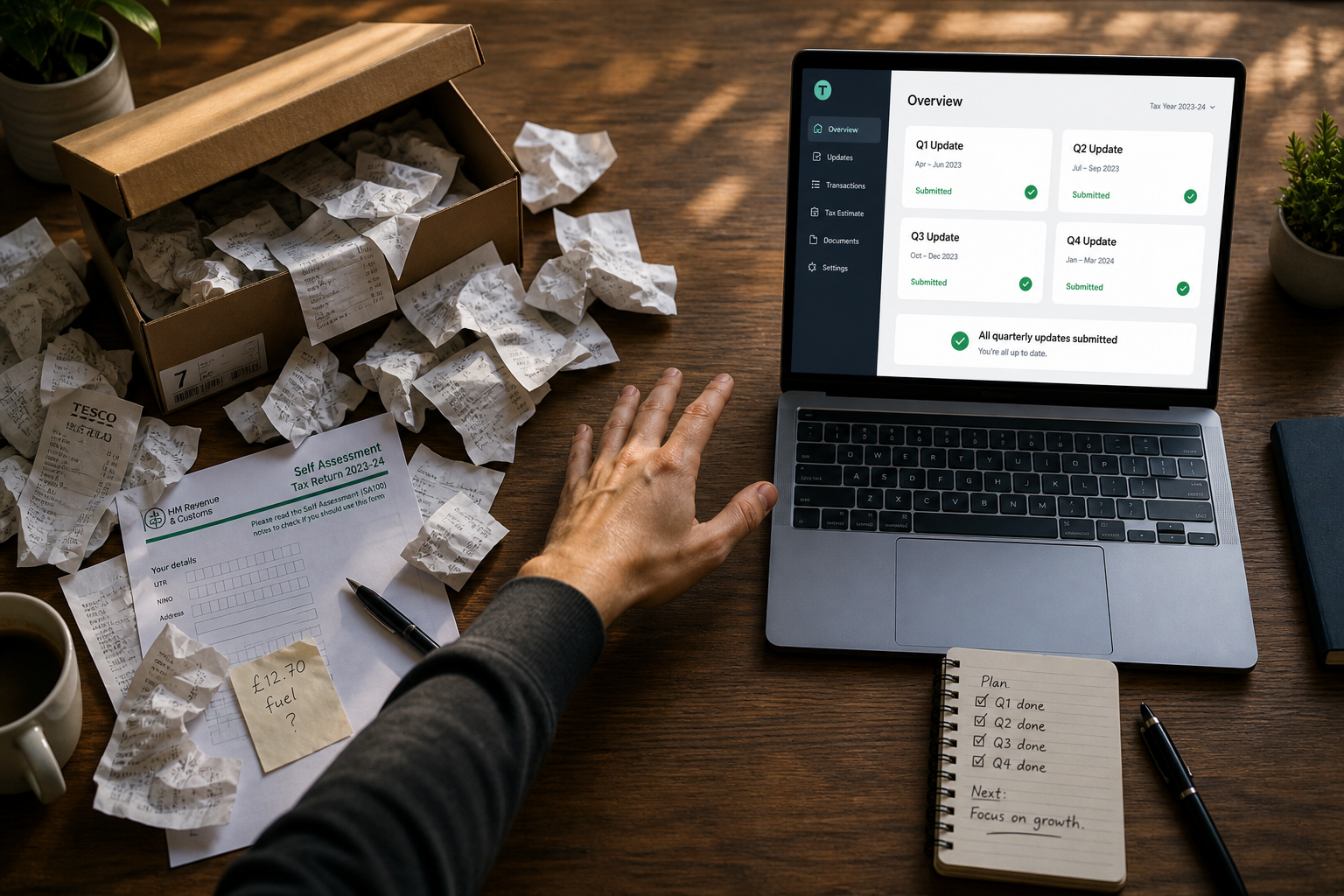 MTD for Income Tax transition shown by paper receipts on left and digital quarterly dashboard on laptop screen on right