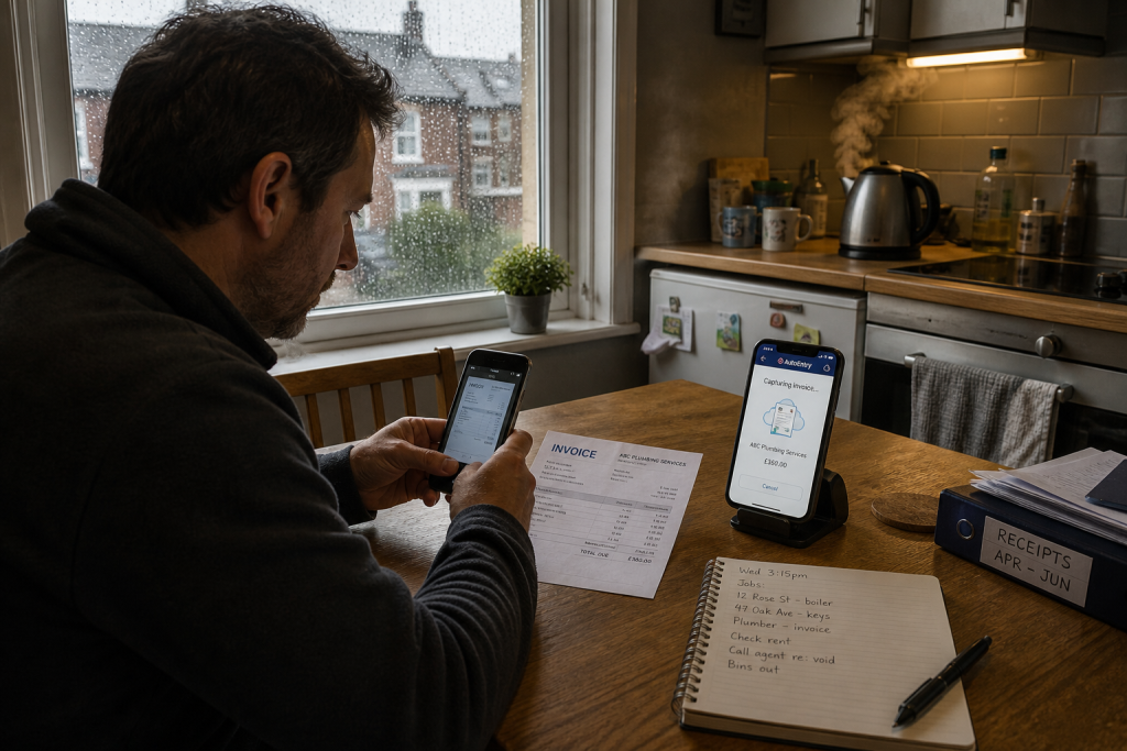 UK landlord using cloud accounting app on phone to scan plumber invoice for MTD for Income Tax compliance